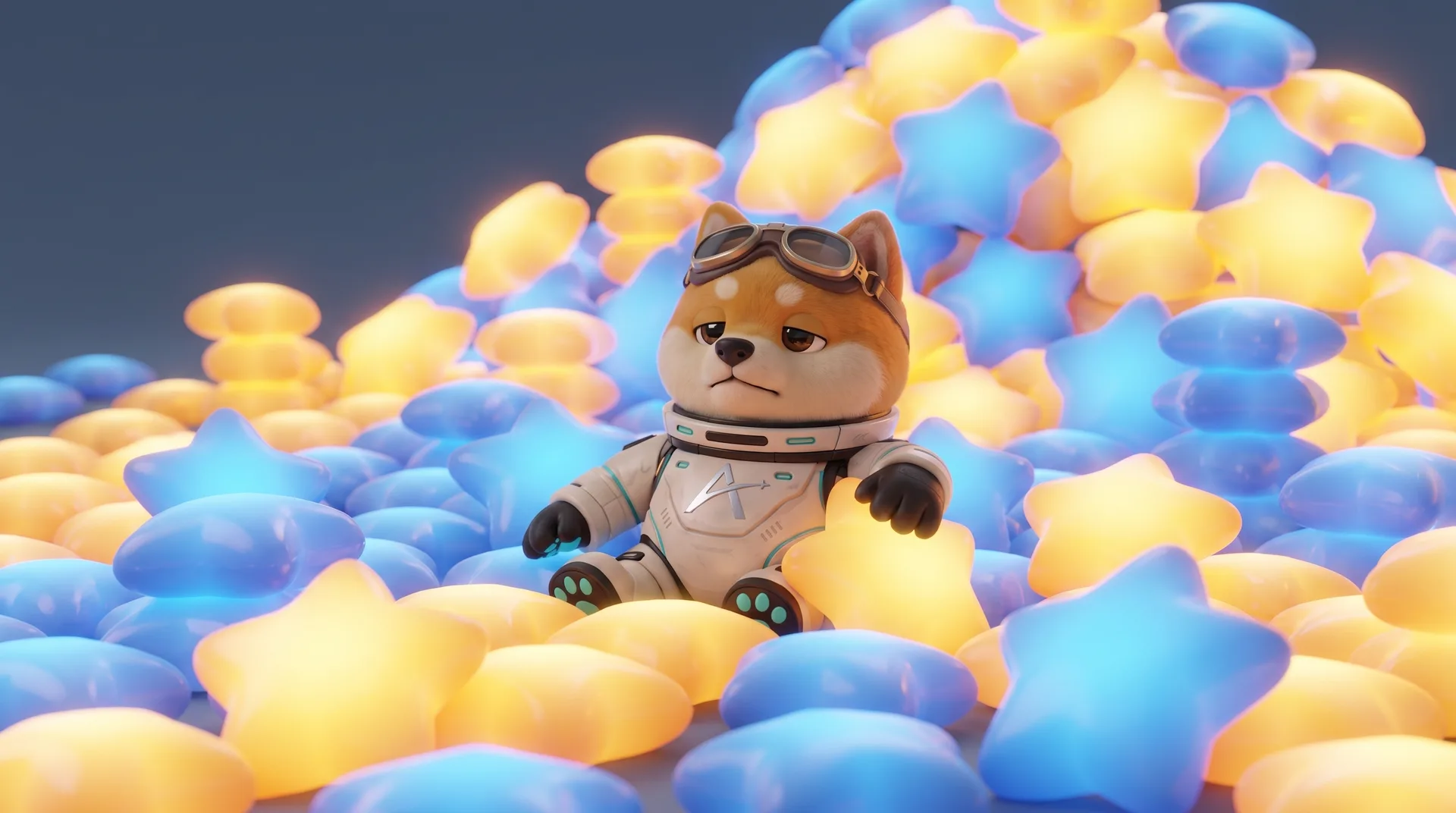 Aster, Astrail’s shiba-astronaut navigator, buried to his chest in a glowing pile of yellow and blue star cushions, looking worn out