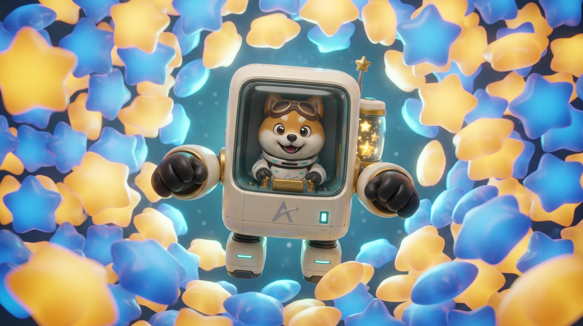 A joyful Aster piloting the boxy Astrail mech as it bursts through a wall of star cushions, the star-collector jar on its back glowing