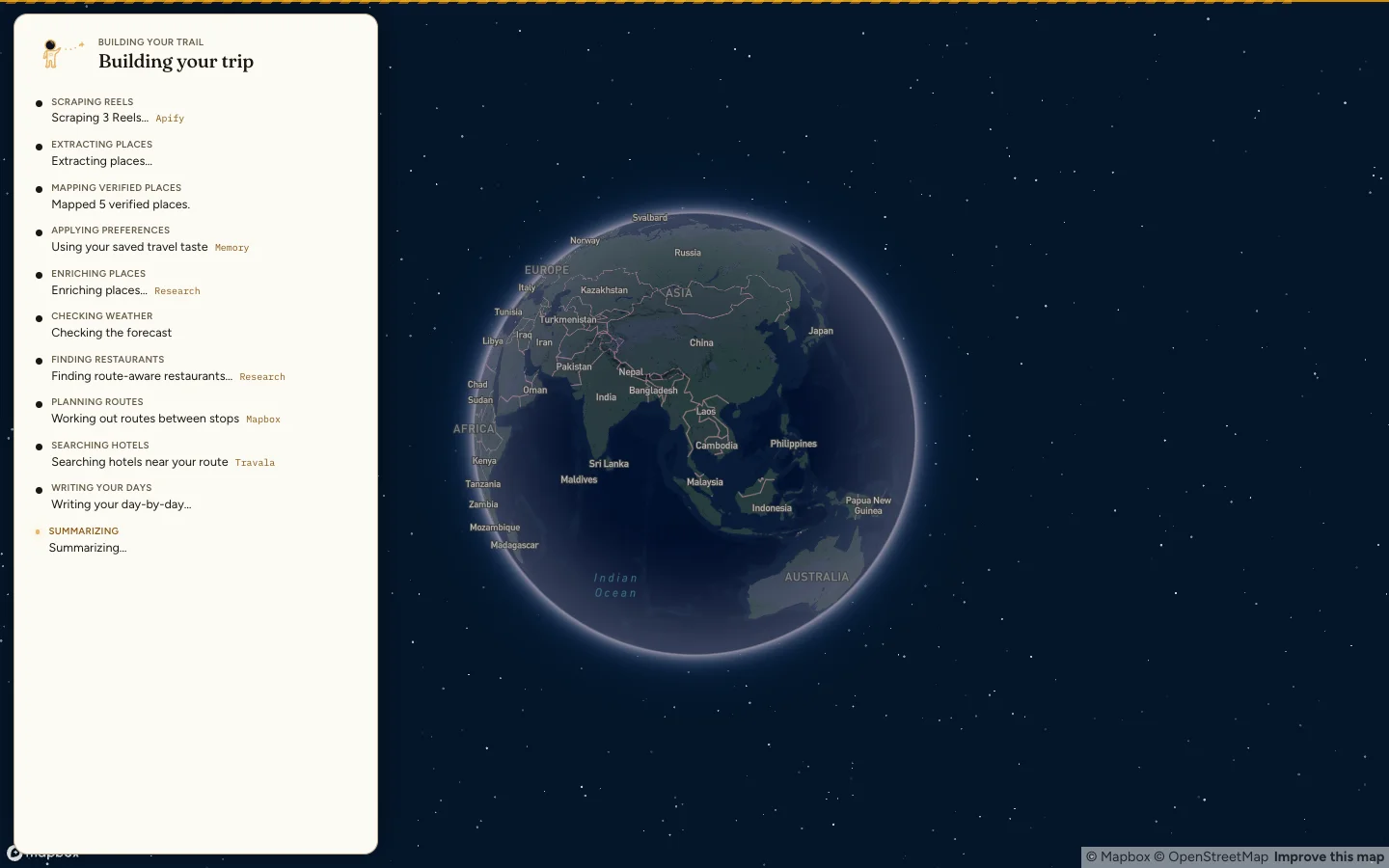Astrail agents researching the places from your Reels, over the live globe